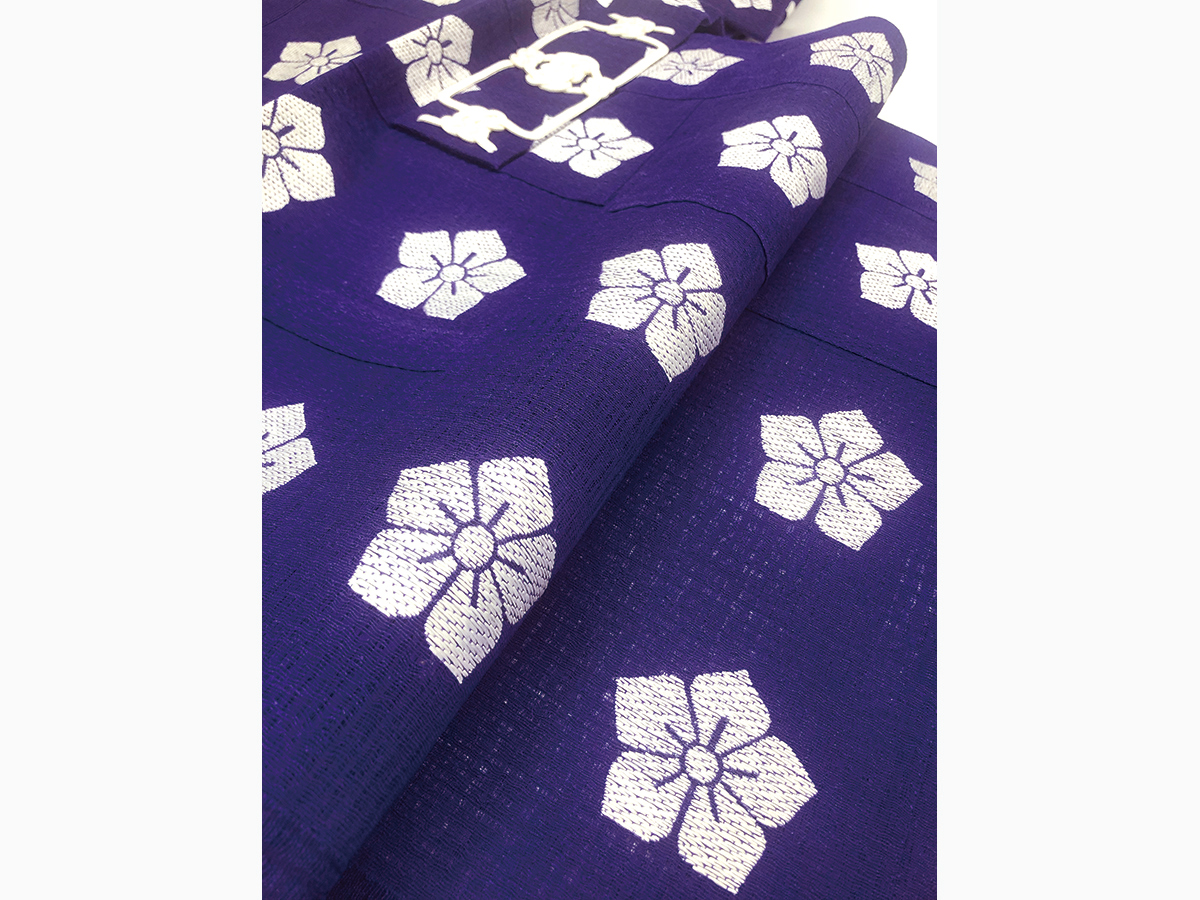 夏紫無地桔梗紋白五條紋刺繍
