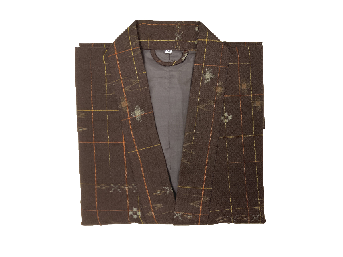 茶久米島紬風絣作務衣女性用M寸