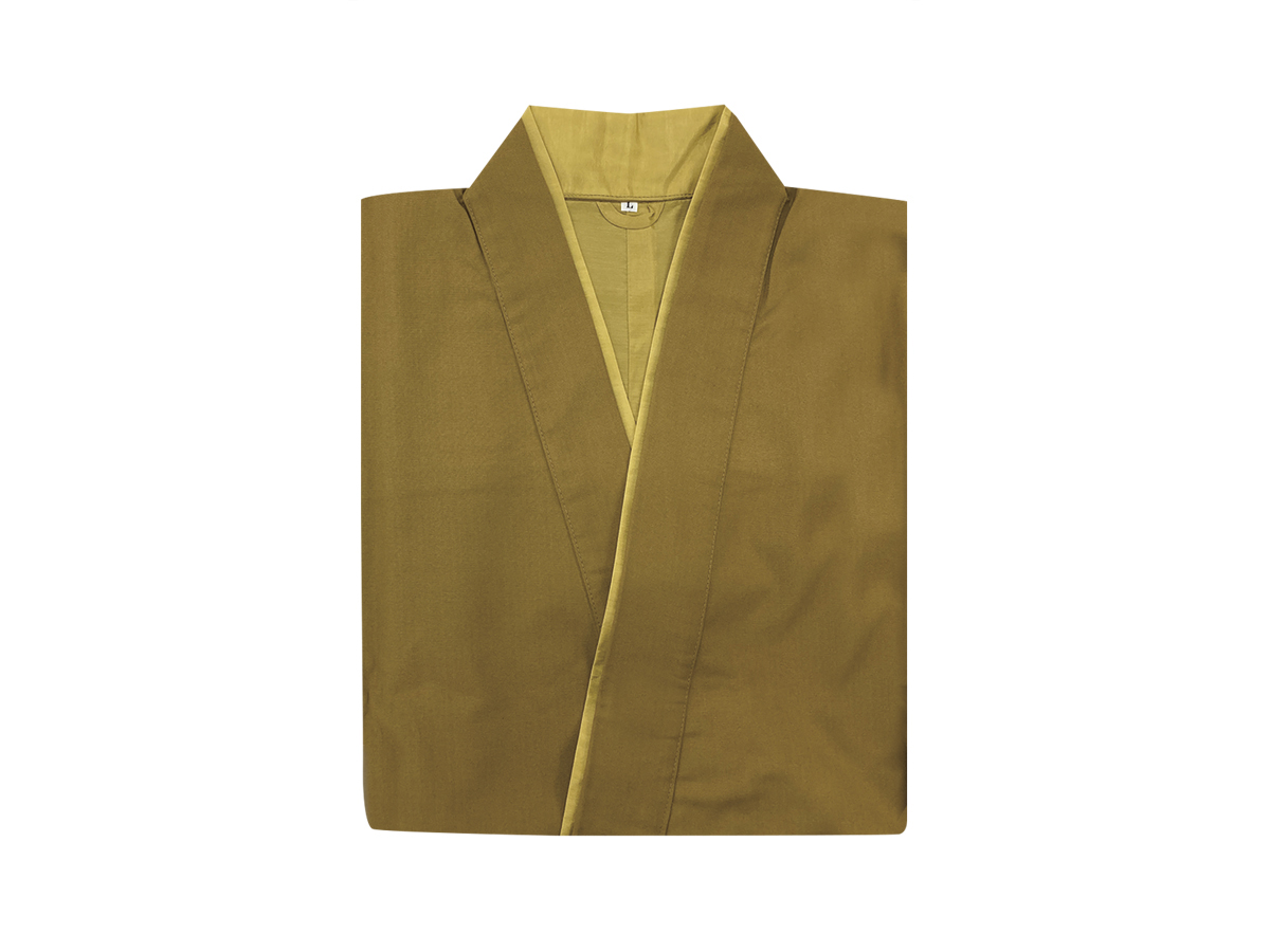 金茶テトロンウール作務衣女性用L  伊達衿ｶﾗｼ色