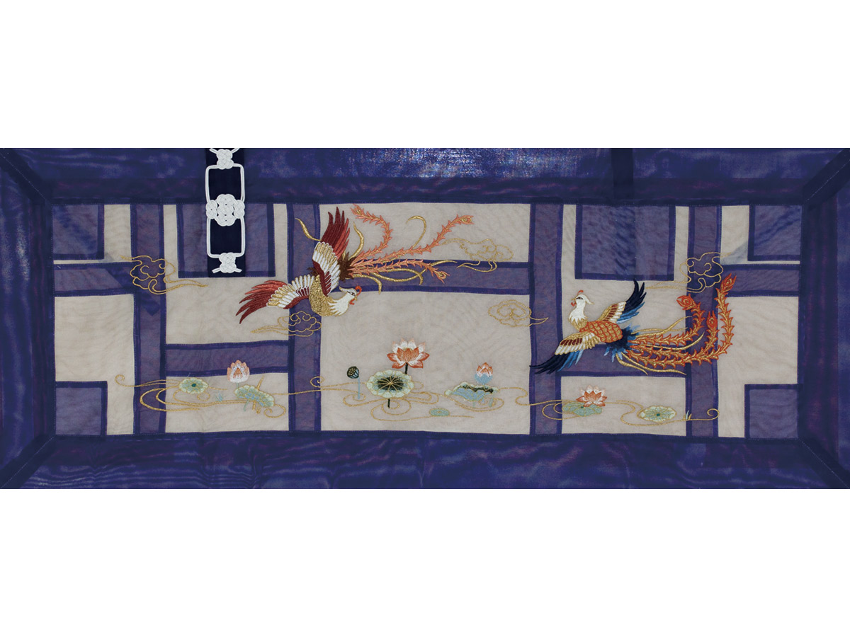 白綟糸紗台紫綟糸紗 二匹鳳凰刺繍入 山門五條 絵絹裏付