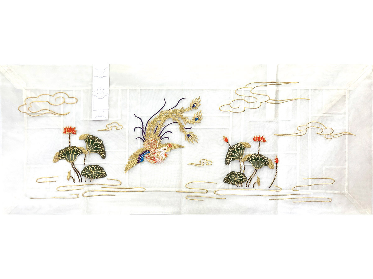 白綟糸紗 流水蓮華鳳凰刺繍入 山門五條 絵絹裏付