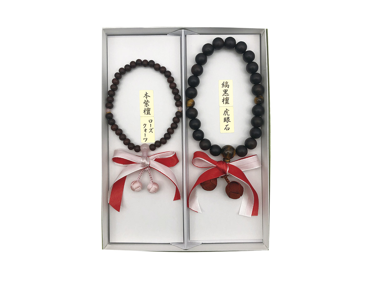 素挽き縞黒檀（トラメ仕立）・紫檀（ローズクォーツ仕立）結婚式組念珠